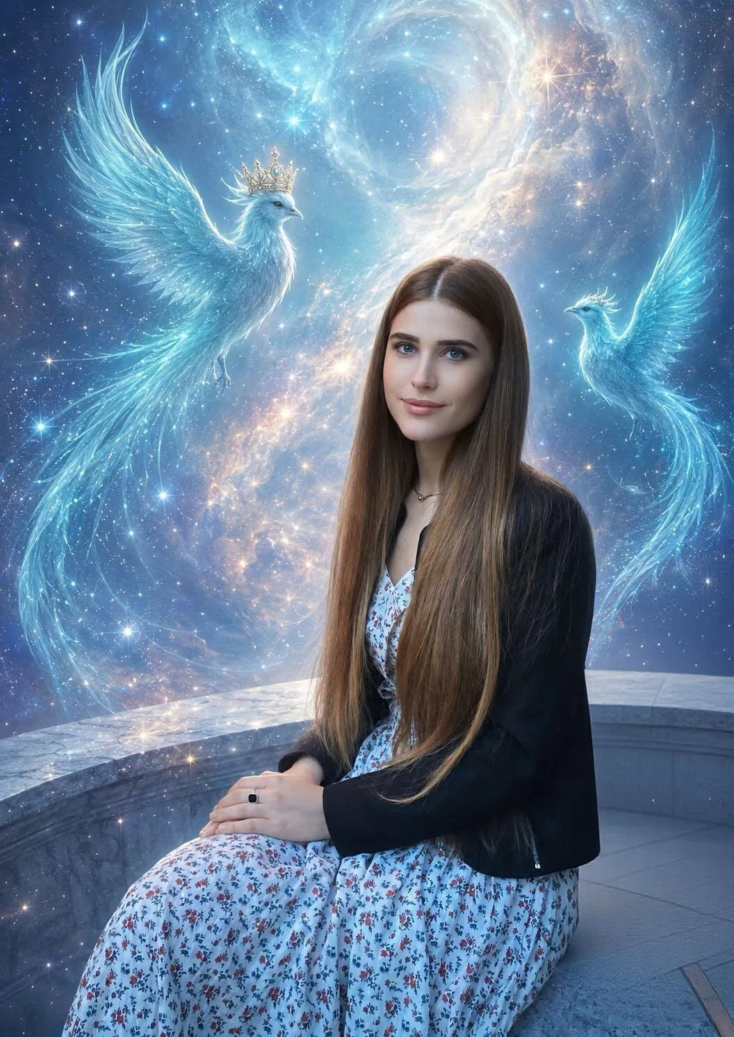 Illustration of me seated on a stone balcony in a nebula, two pale blue phoenixes flying beside me