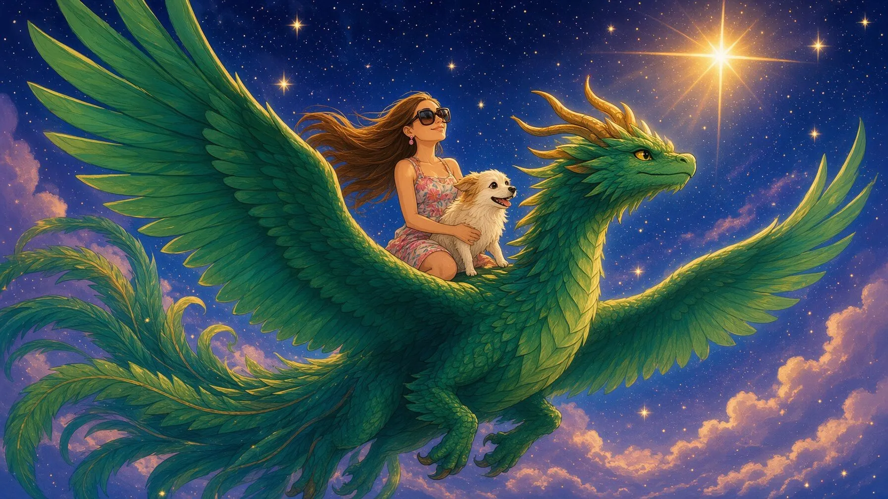 Me and a small white dog riding a green feathered dragon through a starry night sky