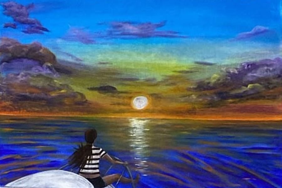 A girl in a striped shirt rows a white boat toward a low sun over a deep blue sea, violet clouds above.