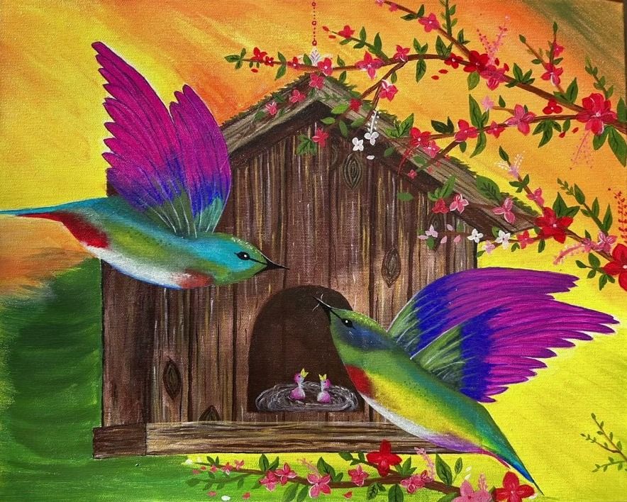 Two hummingbirds with magenta and violet wings at a wooden birdhouse, chicks in the nest, blossom branches on a yellow and orange sky.