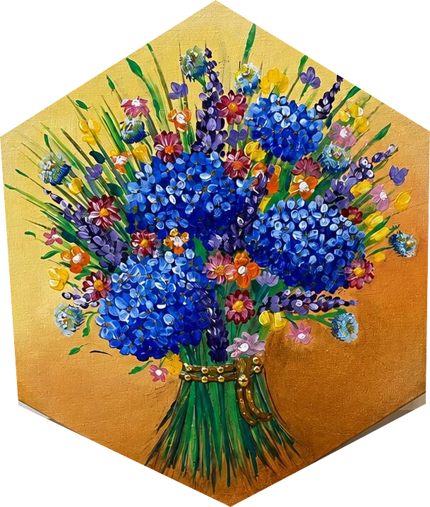 A bouquet of blue hydrangeas and small wildflowers tied with a gold band, on a hexagonal canvas with a saffron to orange background.