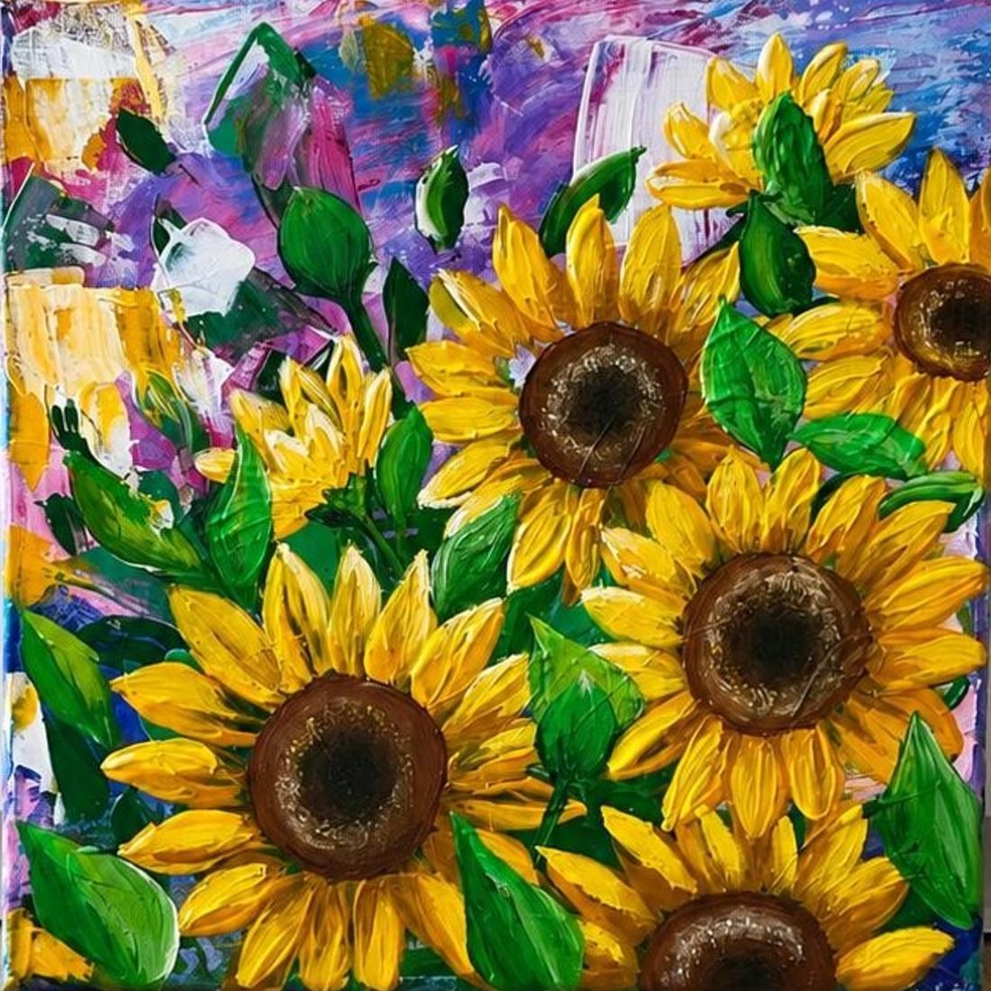 Thick, textured sunflowers and green leaves against loose strokes of violet, pink and yellow.